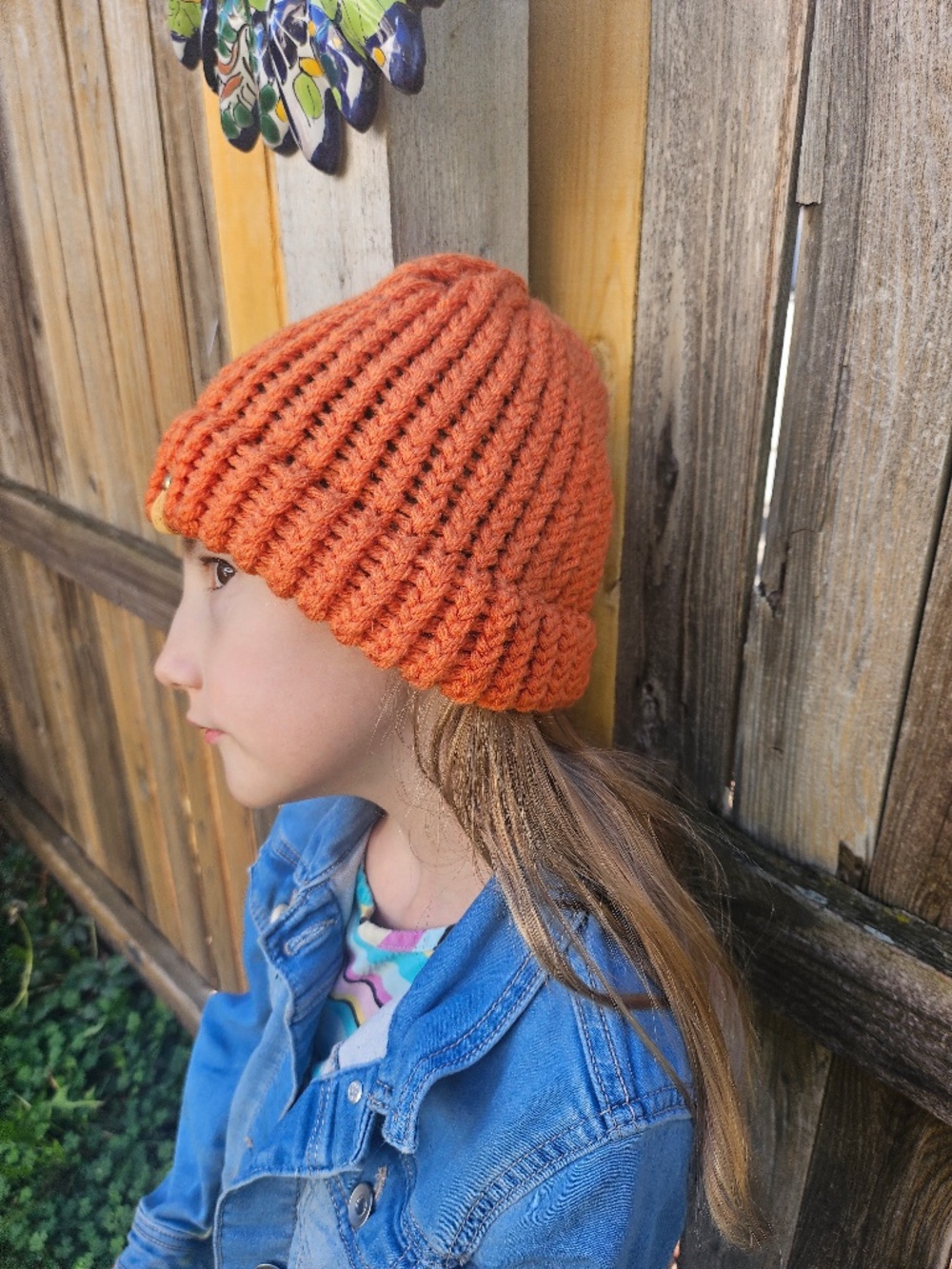 Handmade Terracotta Rust Orange Knit Beanie Hat Folded Brim